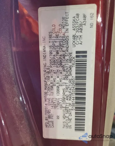 2003 Toyota Tundra Access Cab Sr5 из США, поврежденный, VIN 5TBBT44153S426657